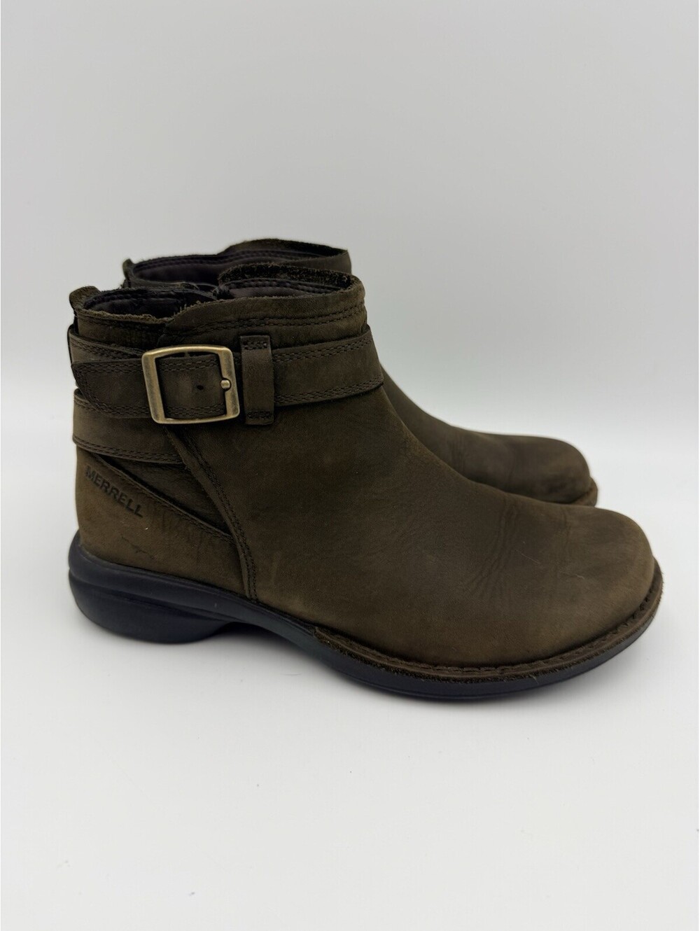 Merrell Brown Waterproof Leather Flat Ankle Booties Size 5.5 Buckle Zip NWOB